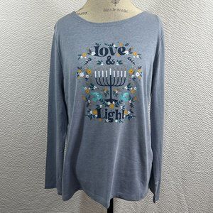 Croft & Barrow Classic Tee L/S Graphic Love & Light Hanukkah Top Blue Sz L